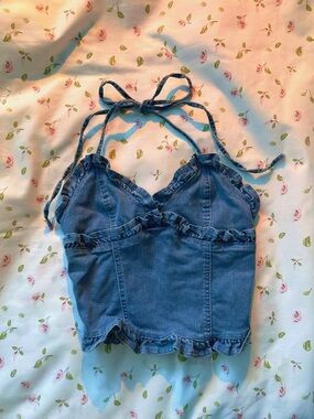 SHEIN Y2K Denim Ruffle Halter Corset Top XS